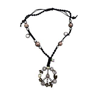 Peace Sign Symbol Pendant Black Cord Necklace Rhinestone Beads Floral